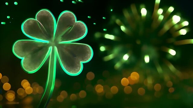St Patricks Day celebration with neon clover leaf and green fireworks