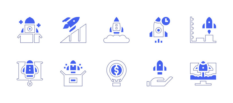 Start up icon set. Duotone style line stroke and bold. Vector illustration. Containing startup, advancement, rocket launch, new product, initiative.