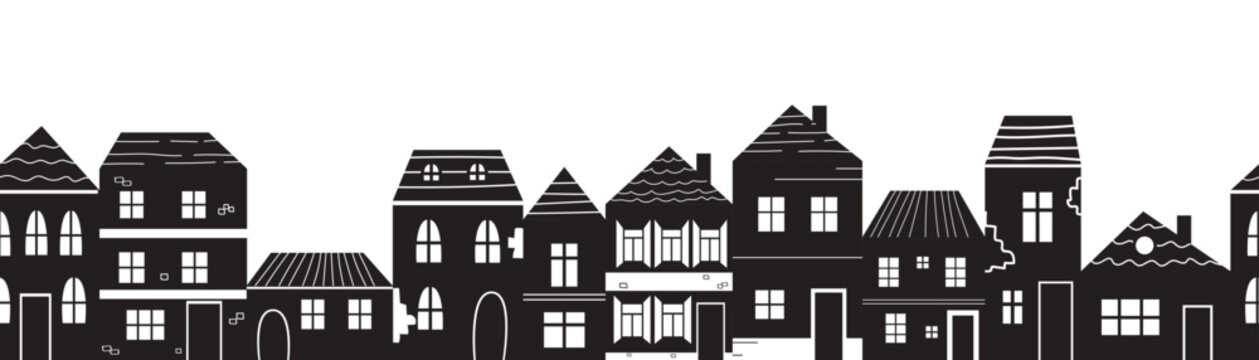 Seamless border urban tiny black houses isolated on white background. Minimalist town, residential city houses landscape vector illustration. Backdrop for wallpaper, textile, fabric, wrapping.