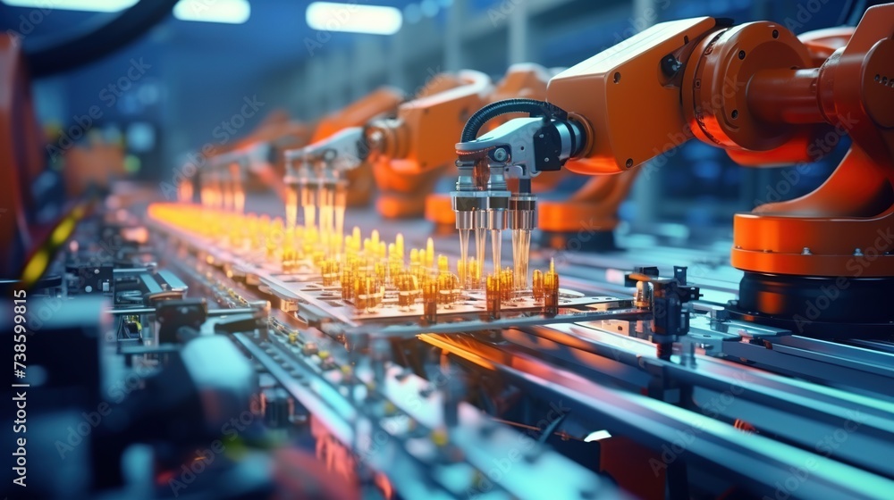 Aufkleber high precision robot arms work an component installation and quality control of electronic circuit b