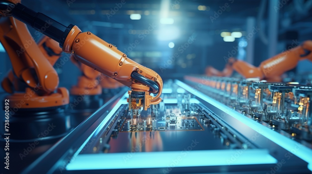 Aufkleber high precision robot arms work an component installation and quality control of electronic circuit b