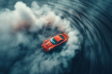 Orange Sports Car Performing a Smoky Donut on an Asphalt Surface, Captured From Above - obrazy, fototapety, plakaty