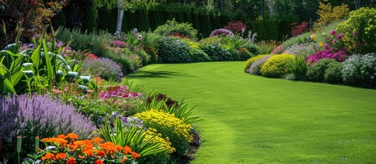 A well-maintained garden with vibrant summer flowers and a lush lawn.