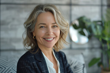 Fototapeta premium close-up shot of the mid-aged businesswoman manager's joyful expression as she interacts with clients or partners, with minimalist office decor emphasizing the focus on her happine
