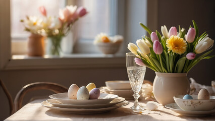 Fototapeta na wymiar Served for Easter table with delicate spring flowers and colorful eggs