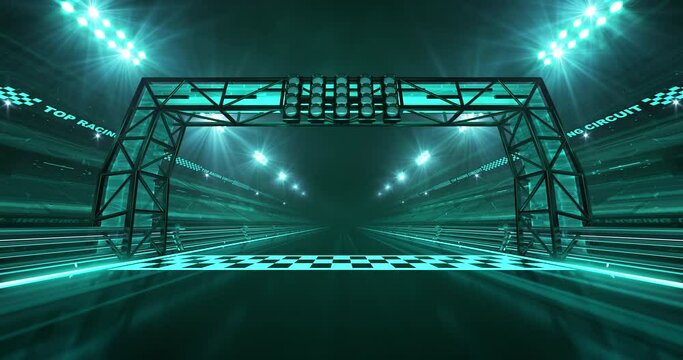 Futuristic racing track and finish line with gate construction and illuminated stadium tribunes at night. Professional 4K video loop for racing sports advertisement.