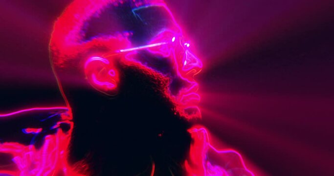 The video features a digital human face with glowing lights, showcasing a figure that dances with illuminated features, combining motion and light in a visually dynamic display.

