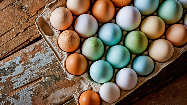 Lot of different color chicken eggs arranged by color on paper egg box. From natural organic farm.