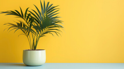 Fototapeta na wymiar Table adorned with a potted plant and a vase holding a tropical tree, creating a lively and green interior scene with a touch of nature, perfect for a summer home by the beach