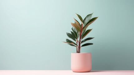 Potted Plant with Various Greenery in a Decorative Vase on a bule pastel Background