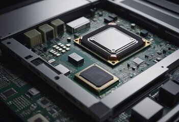 Modern CPU processor installed on a brand new motherboard, object detail, extreme closeup, nobody.