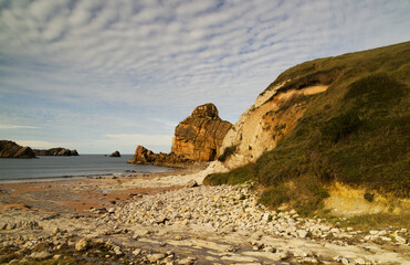 Coastal part of Cantabria in the north of Spain, eroded Costa Quebrada, ie the Broken Coast, Playa...