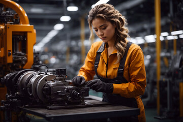 Young woman working in high tech machinery, automotive production, female engineer, technician repairs mechanic details, engine. Diversity, inclusion, ewuity concept.