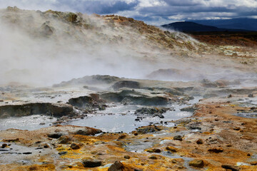 Iceland-Myvatn geothermal area with its numerous hot springs in the Krafla volcanic system