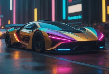 Tuinposter Tuned Sport Car , cyberpunk Retro Sports Car On Neon Highway. Powerful acceleration of a supercar on a night track with colorful lights and trails © Алексей Ковалев