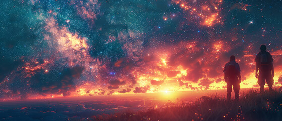 Two people standing on a hill under a vibrant, star-filled sky at sunset. Digital illustration...