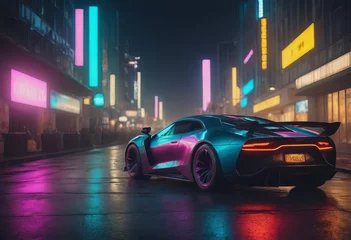 Zelfklevend Fotobehang Tuned Sport Car , cyberpunk Retro Sports Car On Neon Highway. Powerful acceleration of a supercar on a night track with colorful lights and trails © Алексей Ковалев