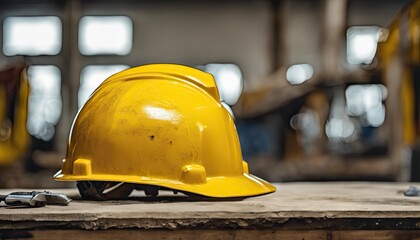 engineer yellow helmet on the table, construction equipments on the table, building helmet background - obrazy, fototapety, plakaty