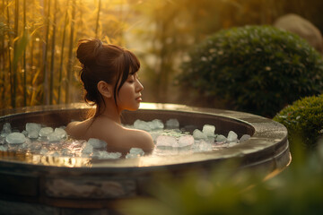 Tranquil scene of a young Asian woman with tied-up hair, enjoying a serene moment in icy bath, with nature and sunlight around
