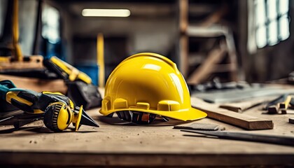 engineer yellow helmet on the table, construction equipments on the table, building helmet background