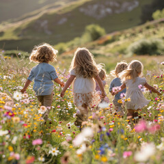 Joyful children chasing each other through a vibrant flower field, embodying freedom and playful spirits.
