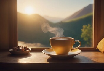 Obraz premium A table with a coffee mug. Sunlight. Beautiful view of the mountains on a sunny day through the window in a private house.