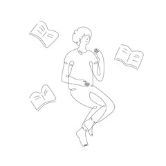 Sleeping boy with books, top view, isolated line art illustration - 738603895