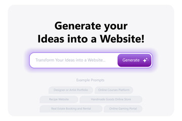 AI generation tool interface. Artificial intelligence UI site. Prompt artificial intelligence query input interaction with the language model to generate ideas for website. Vector illustration