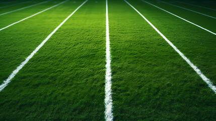 Obraz premium Green synthetic artificial grass football sports field with white corner striped lines
