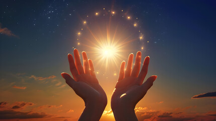 hands holding the sun at dawn, hands like holding round stars and the sun