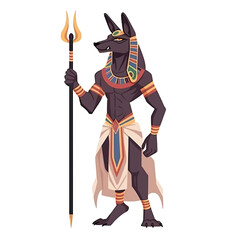 Fototapeta premium An illustration of black Anubis, holding a staff, seen from the side