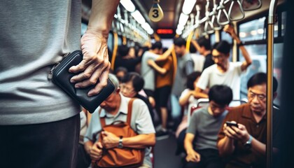 A person firmly grips their clutch bag while standing amidst a tightly-packed group of commuters on a metropolitan train, showcasing the importance of being alert during travel. - obrazy, fototapety, plakaty