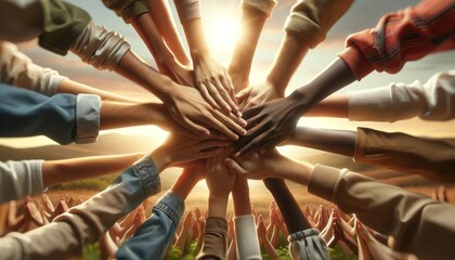 A heartwarming display of unity as a group of individuals from diverse ethnic backgrounds join hands, forming a circle above a field against the backdrop of a setting sun - obrazy, fototapety, plakaty