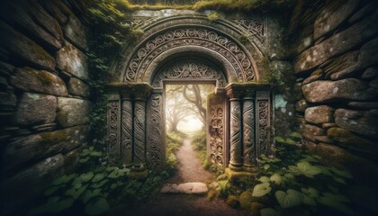 Obraz premium An enchanting, ornate gate opens into a mystical forest path, inviting wonder and the promise of adventure in a realm beyond
