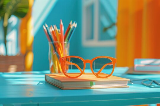 Educational essentials: spectacles, literature, pencils neatly arranged on a table, echoing the ethos of learning, and nurturing intellectual advancement
