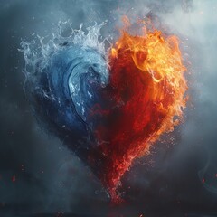 A heart-shaped formation, with one half composed of cool blue water and the other of fiery red flames, symbolizing a dynamic interplay of opposing elements. Yin and yang concept. 