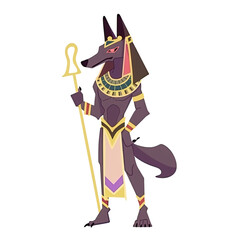 An illustration of Anubis holding a golden staff, seen from the side