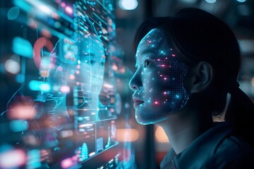 woman looking at futuristic computer screen data artificial intelligence facial recognition password program hologram  - obrazy, fototapety, plakaty