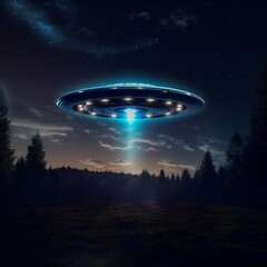 Mysterious UFO Sighting over Forest at Night. Generative ai