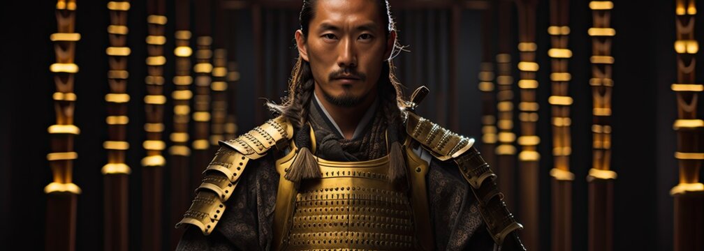 In a striking image, a shogun samurai poses with his katana, exuding power and tradition