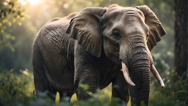 Top-resolution photo, 8K, tranquil forest clearing, close-up of a wise old elephant peacefully grazing on lush vegetation, its wrinkled skin and tusks reflecting the soft light of dawn. generative AI