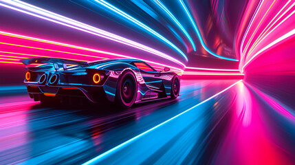 Futuristic Sports Car On Neon Highway. Powerful acceleration of a supercar on a night track with colorful lights and trails, generative ai - obrazy, fototapety, plakaty