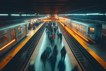 Fototapeta na wymiar People walk through a busy subway station corridor. Urban transportation: subway and train Movement of city trains accelerating through tunnels.