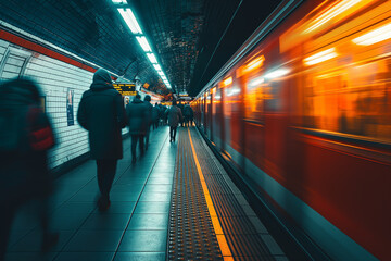 People walk through a busy subway station corridor.
Urban transportation: subway and train
Movement of city trains accelerating through tunnels.