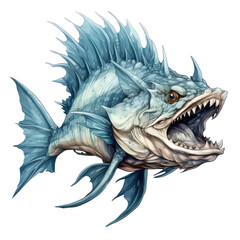 An illustration of a blue-colored monster fish with its mouth gaping