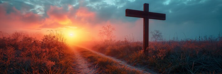 Empty cross in the background nature. He is risen. Christian Easter concept. Happy Easter.  - obrazy, fototapety, plakaty