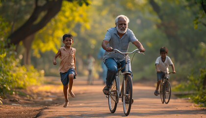 Grandfather cycling, granddaughter enjoying, son running in Indian park