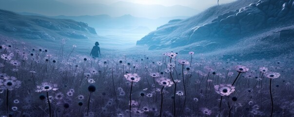 A picturesque scene of a purple flower field set against majestic mountains