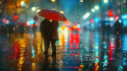 A pair under an umbrella, their reflections shimmering on rain-slicked streets, splashes of color from umbrellas