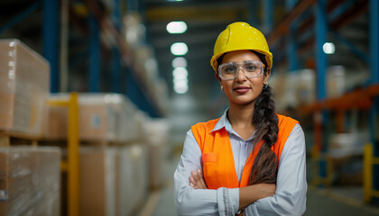 Confident Indian woman supervisor in a safety suit at a bustling factory